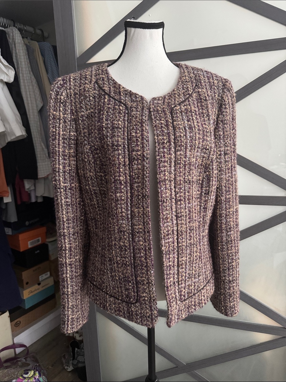 Alex Marie Purple Boucle Tweed Wool Blend Metallic Collarless Jacket-size 14